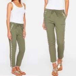 Johnny Was Embroidered Green Stretch Twill Pants